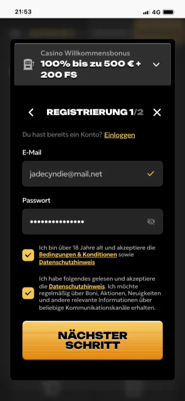 Spinsy Registration first page