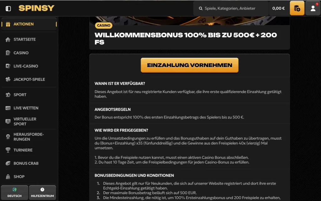 Spinsy Willkommensbonus